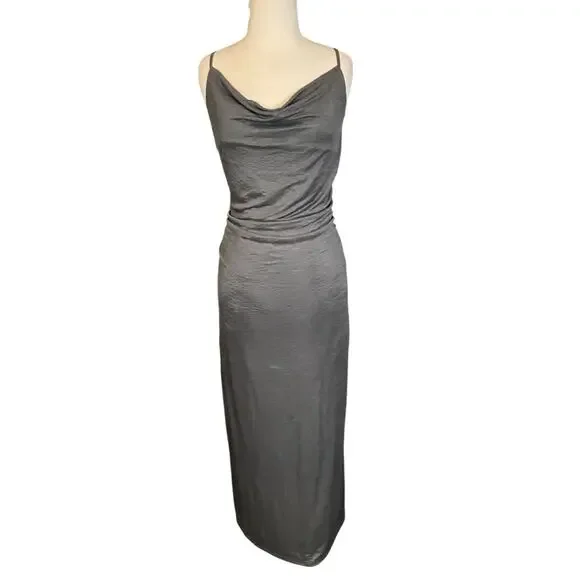 Y2K Evening Bar III Gray Cowl Neck Slip Dress Medium NWT Satin Minimalist Maxi - Picture 1 of 11